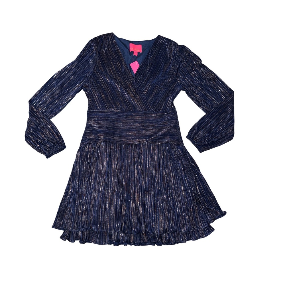 Lilly Pulitzer Jessamine Dress Women 10 Navy Gold Foil NWT Long Sleeve Mini Wrap